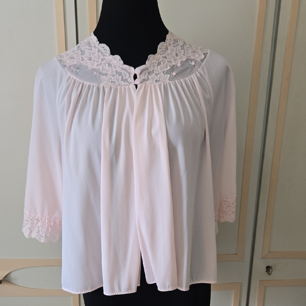 Vintage Ladies Bed Jacket by Shadowline~ 1950s, Pink Slinky Nylon, Lace~ Medium